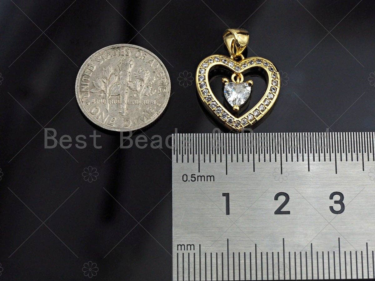 18K Gold Heart with Dangle Diamond Pendant, Heart Charm, Gold Heart Pave Pendant, Gold plated, 16mm, Sku#LK59