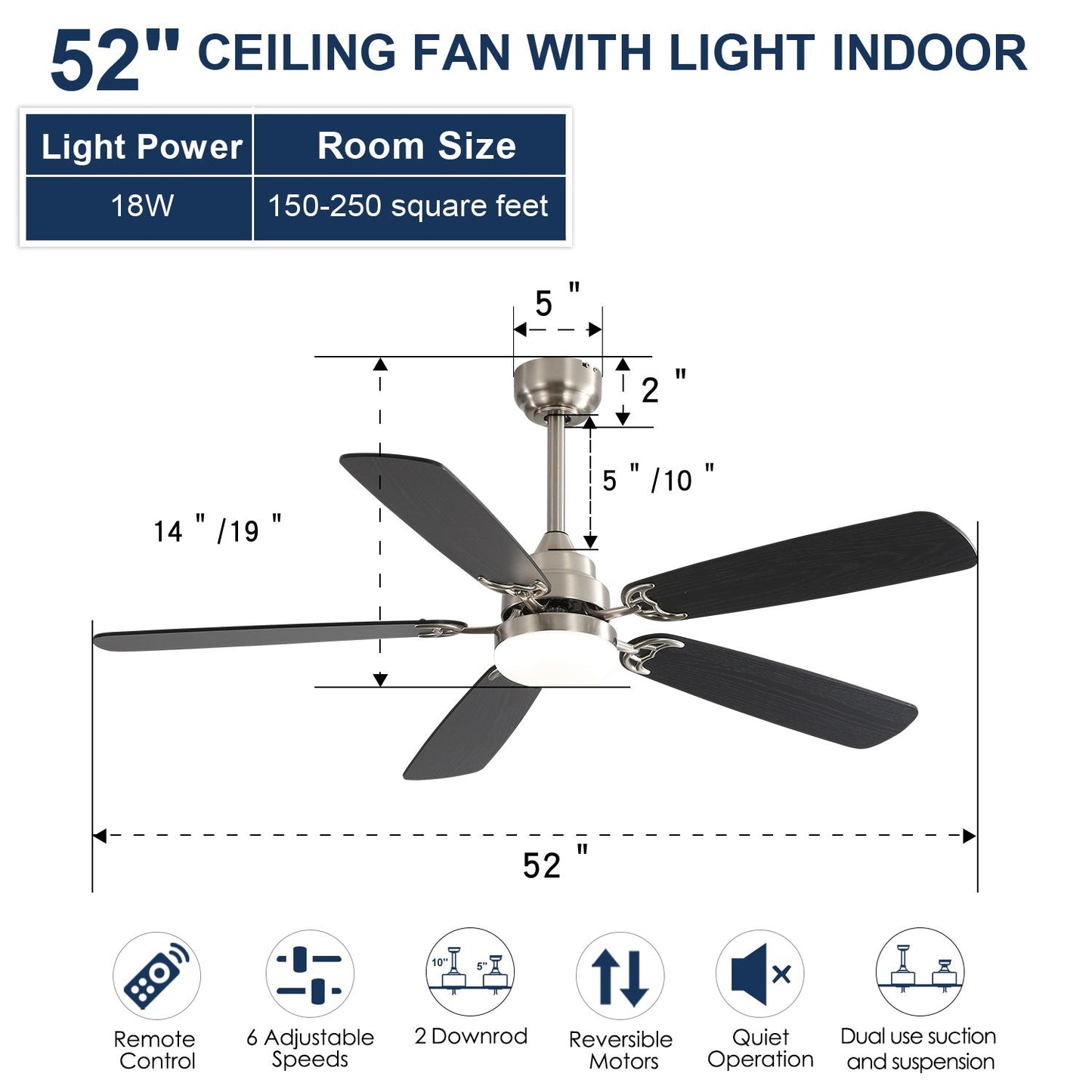 Modern 52 Inch Led Ceiling Fan With Remote Control