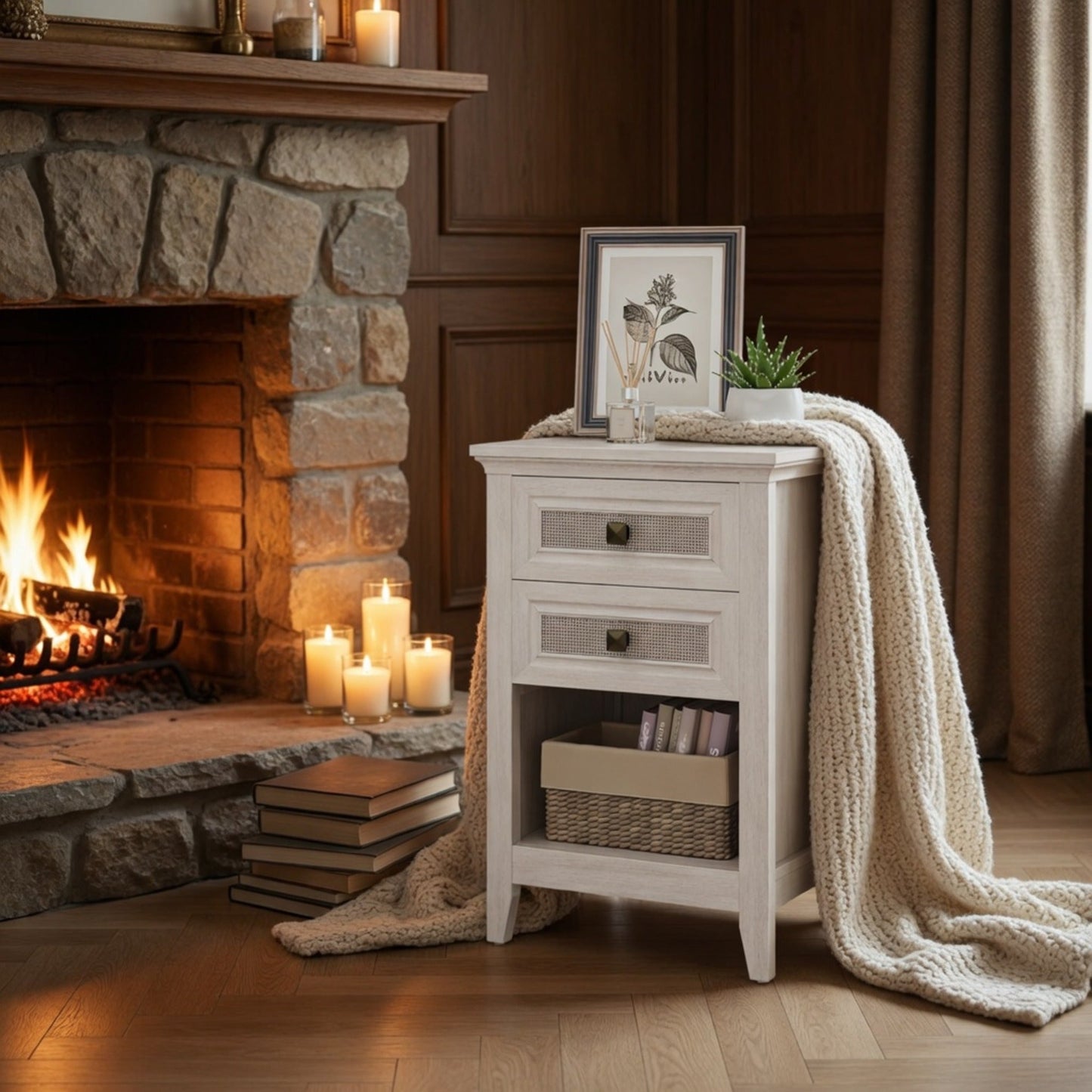 17.7" White Rattan Nightstand