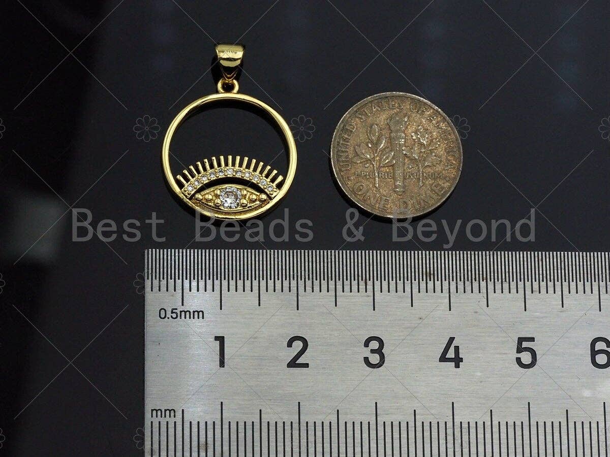 18k Dainty Gold Evil Eye With Long Eyelash On Round Ring Shape Charms, Dainty Charms,Round Ring Necklace Charms, 18x20mm, Sku#LK173