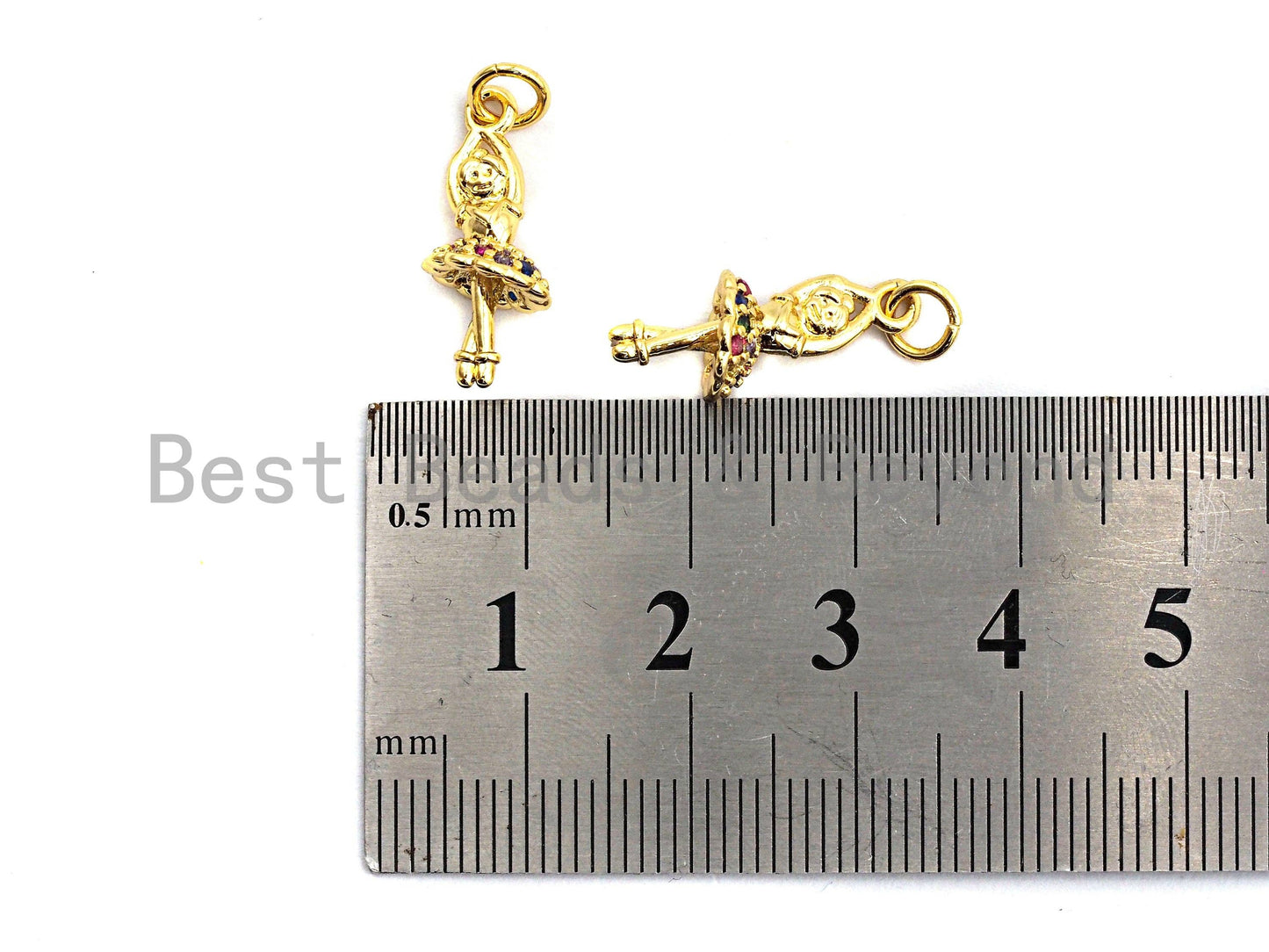 CZ Colorful Micro Pave Ballet Dancer Pendant, Dancing Girl Pave Pendant, Gold plated, 8x19mm, Sku#F830