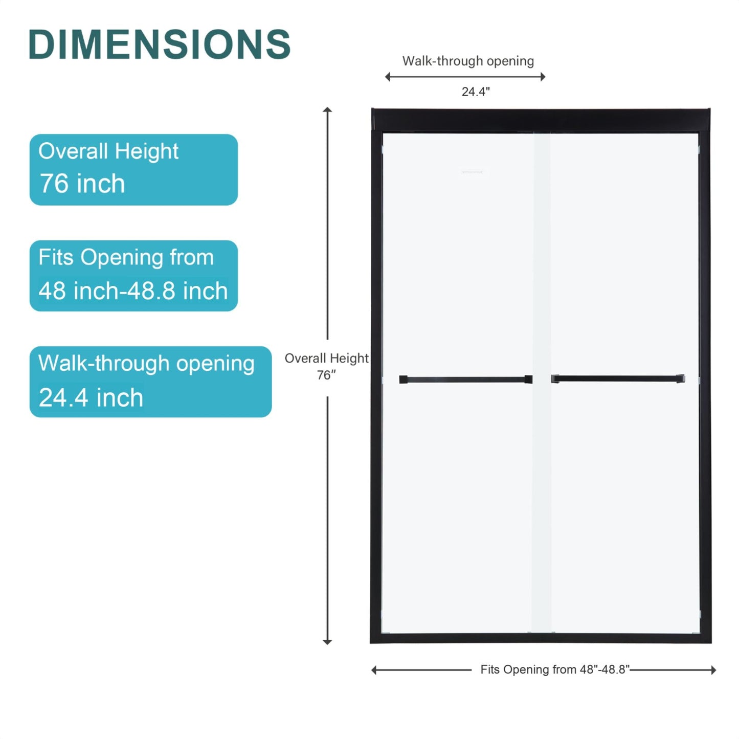Double Sliding Shower Door 48" W x 76"H - Matte Finish