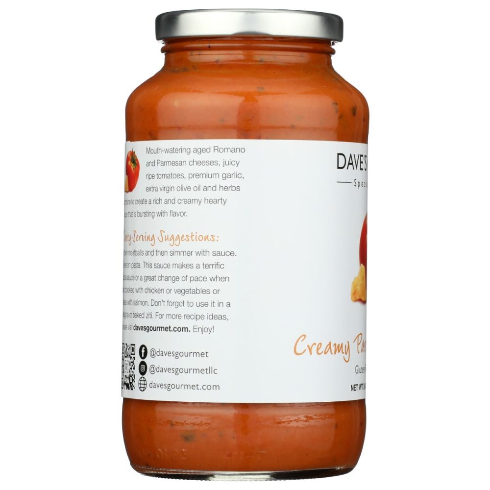DAVES GOURMET: Creamy Parmesan Romano Pasta Sauce, 25 oz