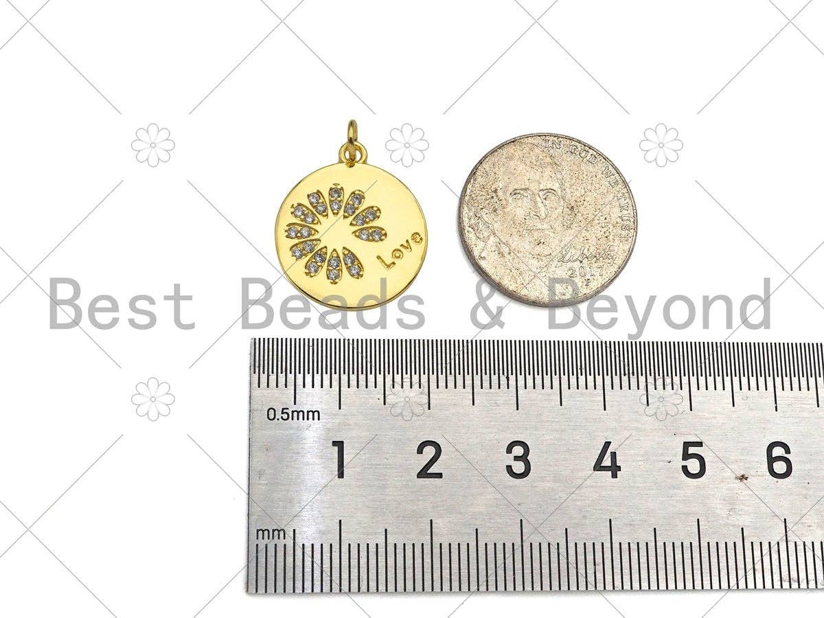 Gold Filled CZ Micro Pave Daisy Flower On Coin Shape Pendant,18K Gold Filled Lover Word Charm, Necklace Bracelet Charm,18x20mm,Sku#LK339