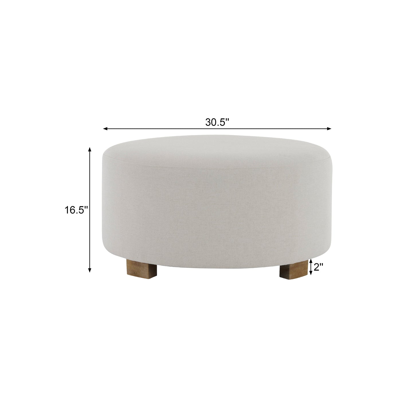 White Fabric Round Ottoman with Wooden Legs