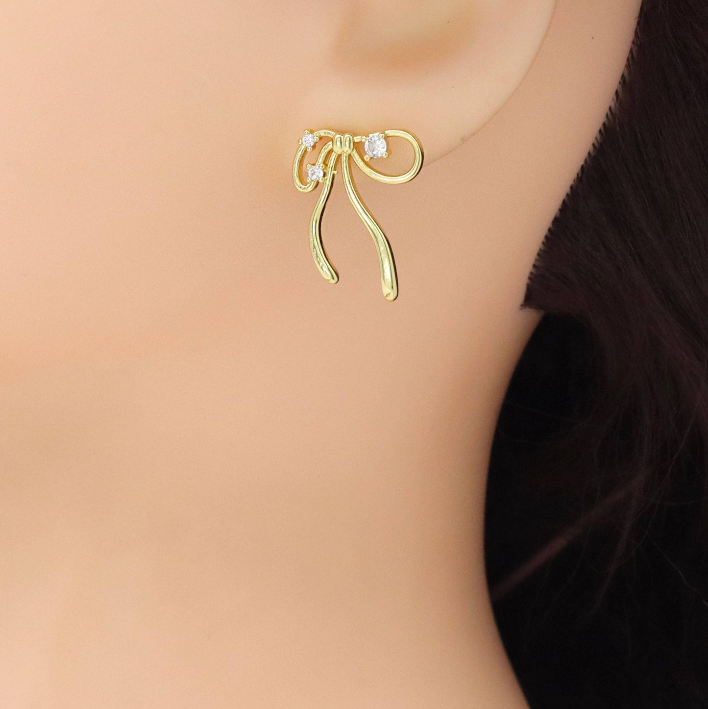 Clear CZ Gold Bowknot Stud Earrings, Sku#LK1006