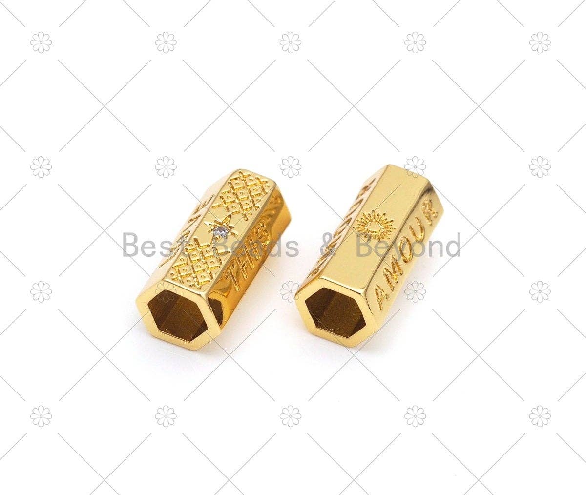 Love Word Heart/Amour Word North Star On Hexagon Shape Large Hole Tube Spacer Beads, 18K Gold Filled Beads, CZ Tube Spacer,10x21mm, Sku#Y521