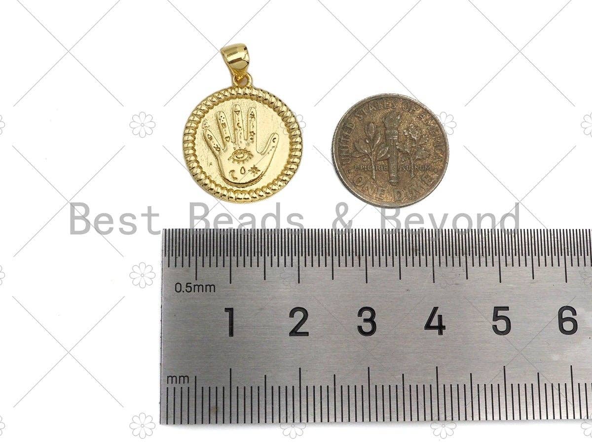 Dainty Gold Evil Eye Hand On Round Coin Shape Charms, Dainty Charms, Gold Pendant, Round Coin Necklace Charms, 18x20mm, Sku#LK170