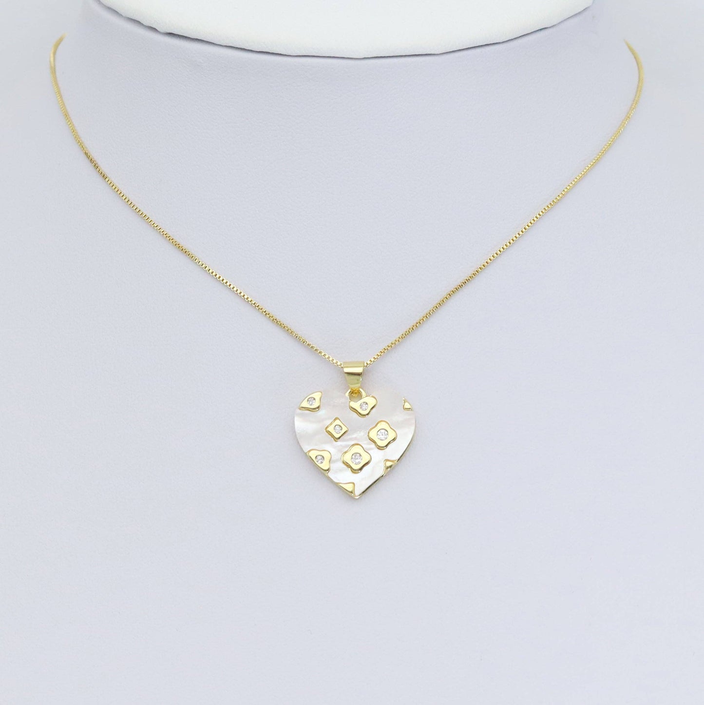 CZ Pave Flower On Mother of Pearl Heart Charm Pendant, Sku#LK954