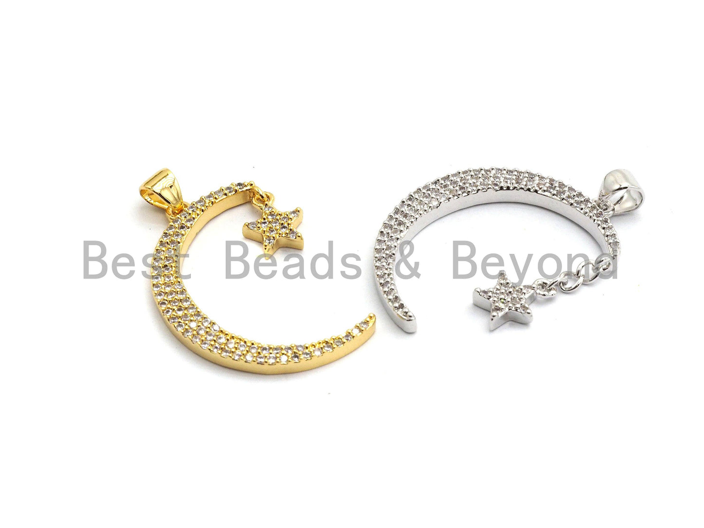 CZ Micro Pave Crescent Moon and Star Pendant ,Gold/Silver/Black/Rose Gold ,Cubic Zirconia Jewelry Findings,19x29mm,sku#F645