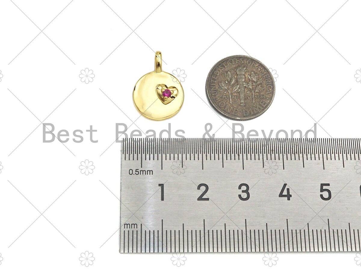 Fuchsia CZ Micro Pave Heart On Round Coin Shape Charm,18K Dianty Gold Medallion Charm, Necklace Bracelet Charm Pendant,13x18mm, Sku#LK257