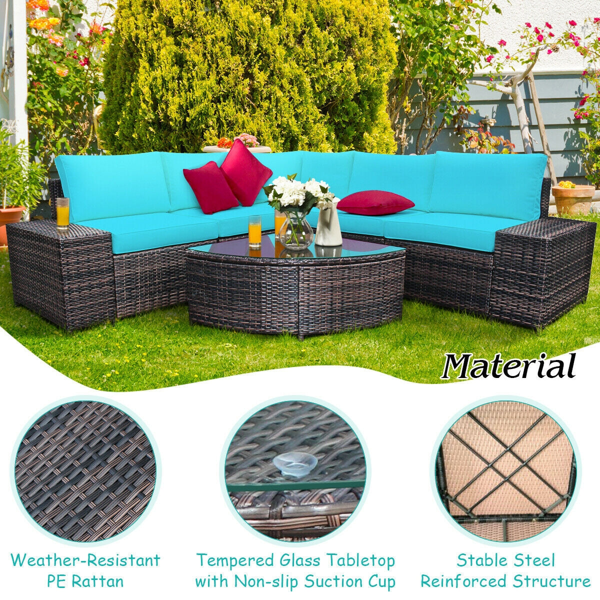 6 Piece Wicker Patio Sectional Sofa Set with Tempered Glass Coffee Table
