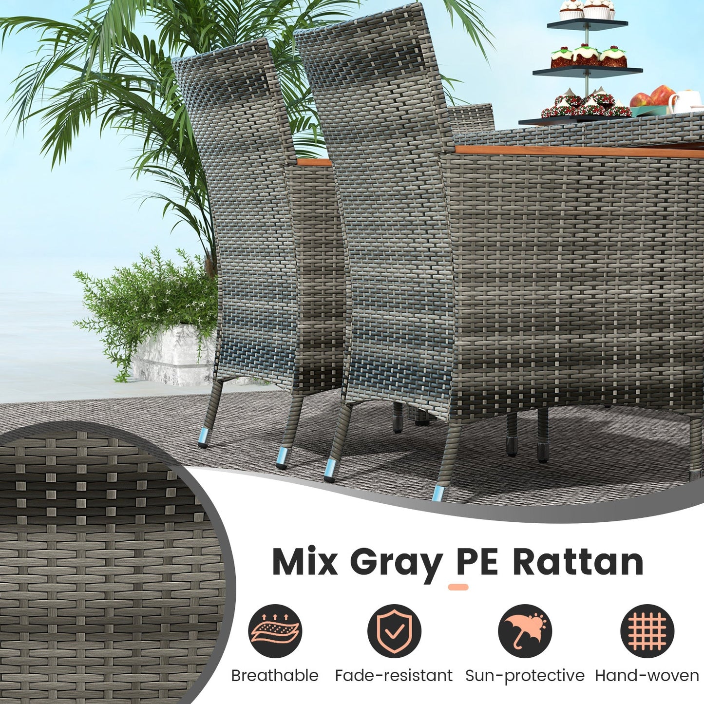 7 Pieces Patio Acacia Wood Cushioned PE Rattan Wicker Dining Set