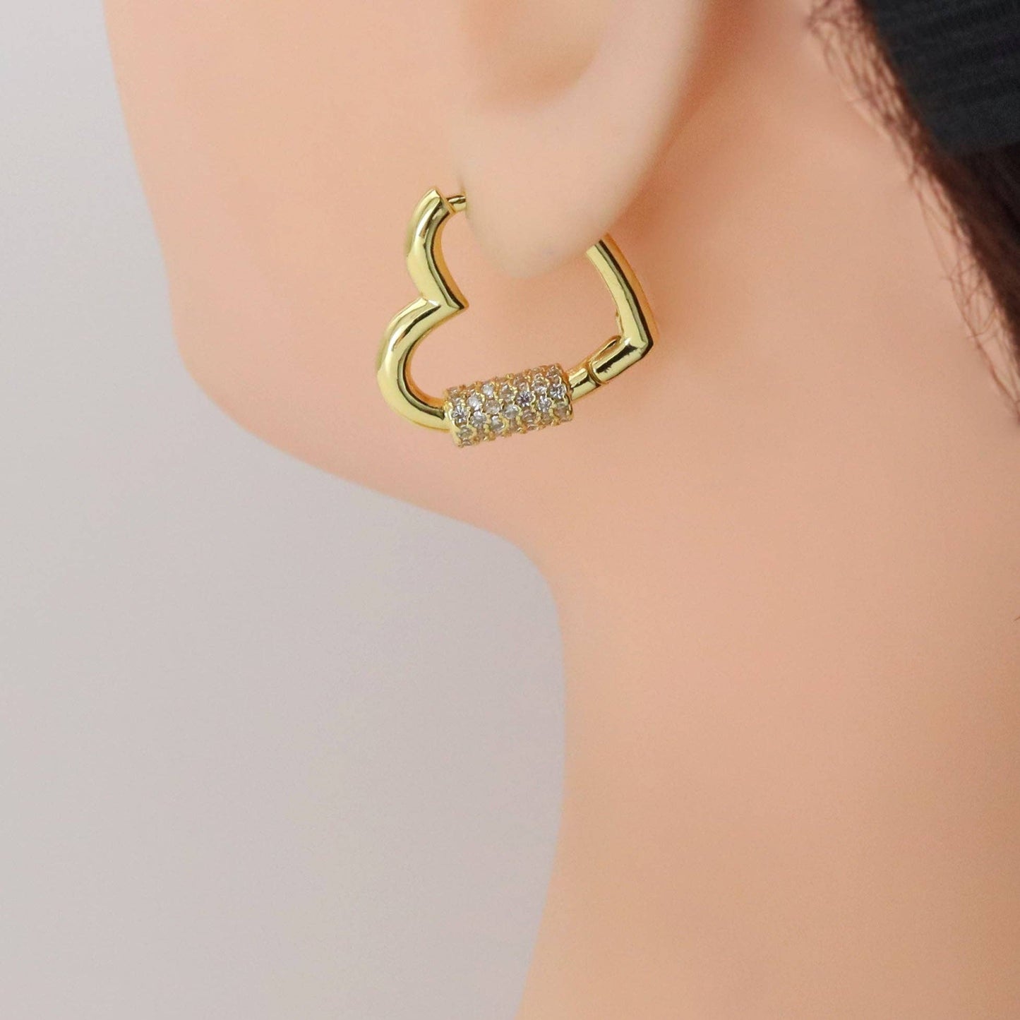 Gold Screw CZ Heart Shape Hoop Earrings, Sku#LX636