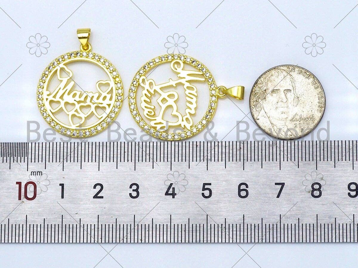 CZ Micro Pave MAMA Word Flower On Round Ring Shape Pendant, 18K Gold Filled Mother's Day Charm, Necklace Bracelet Pendant,25x28mm,Sku#LK387