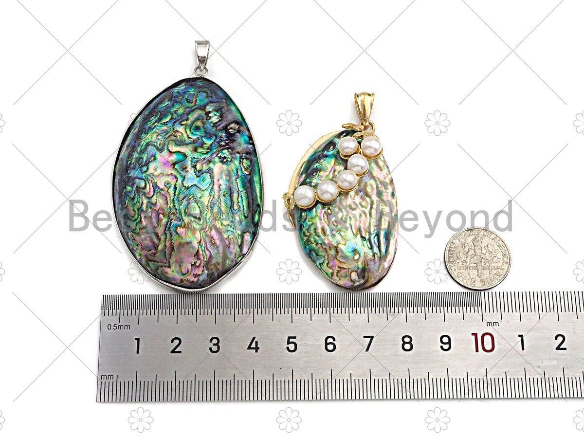 Large Natual Abalone Shell Pendant, Focal Puffy Abalone Pendant Silver Gold Finish with Pearl, Focal Abalone Charm, sku#R39