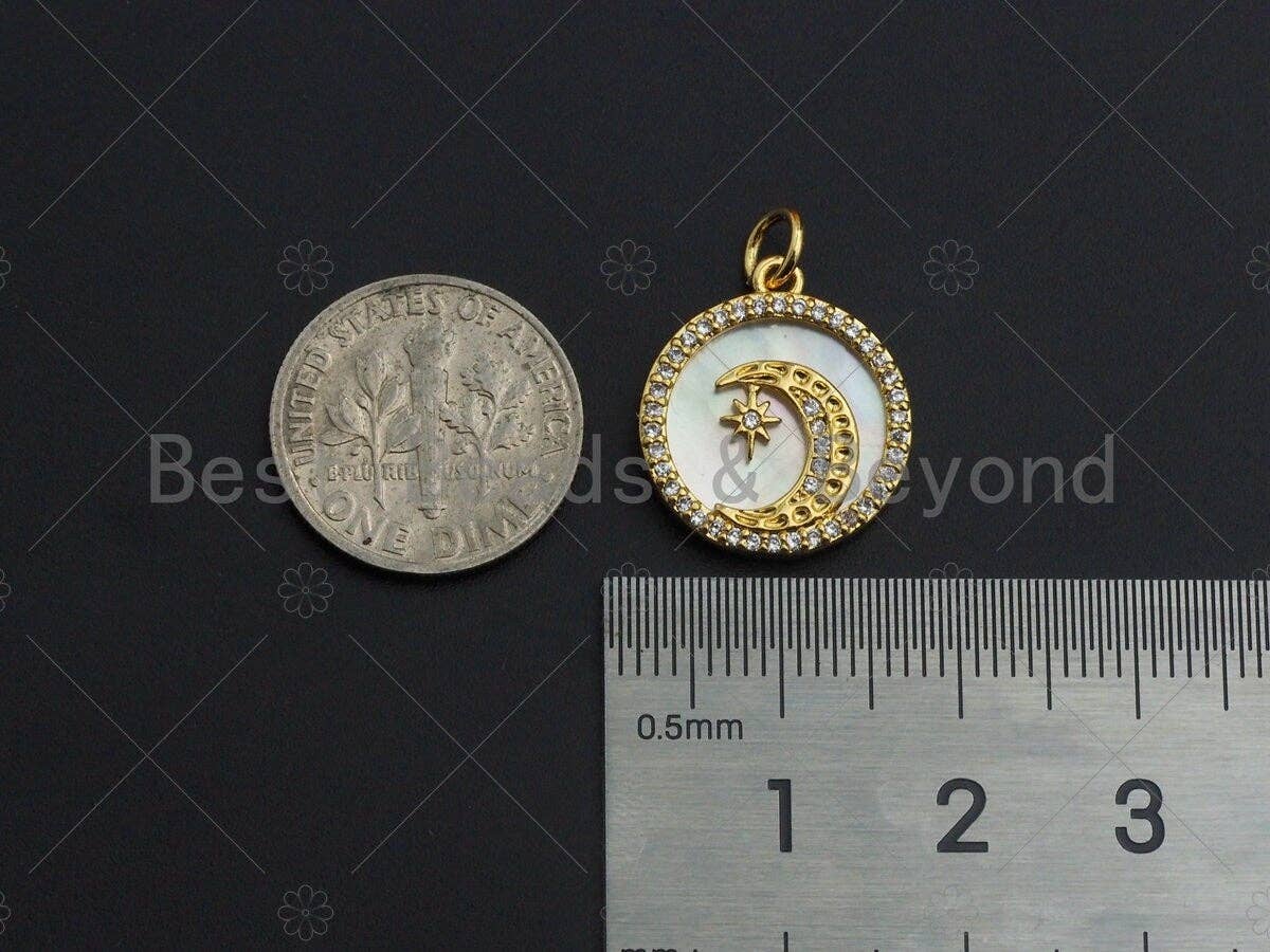 18K Gold CZ Micro Pave Moon Star Inlay Mother-of-pearl Pendant Charm, Cubic Zirconia Moon Star Charm, 16mm, sku#Z1134