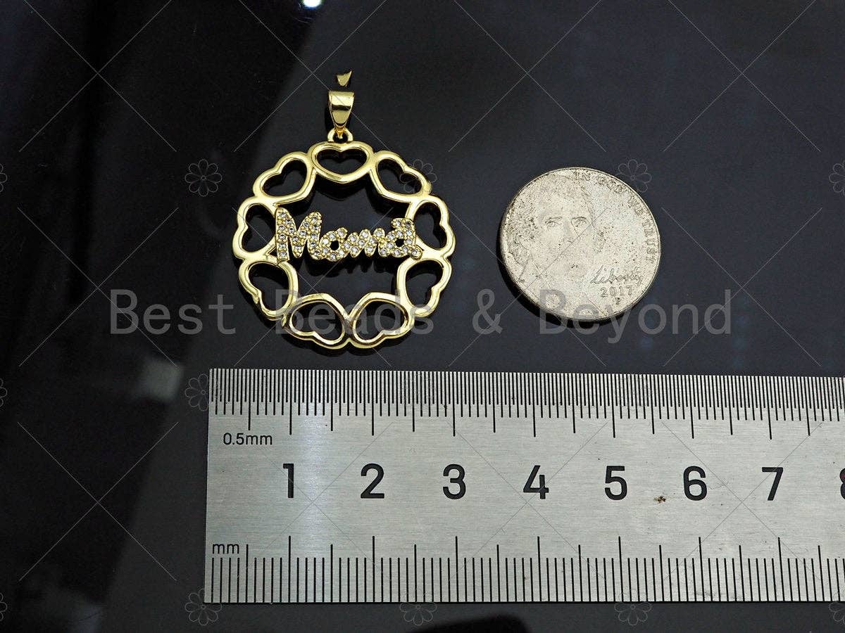 Gold Filled CZ Micro Pave Mama On Heart Round Ring Shape Pendant,18K Gold Filled Charm, Mother's Day,Necklace Pendant,28x30mm,Sku#LD124