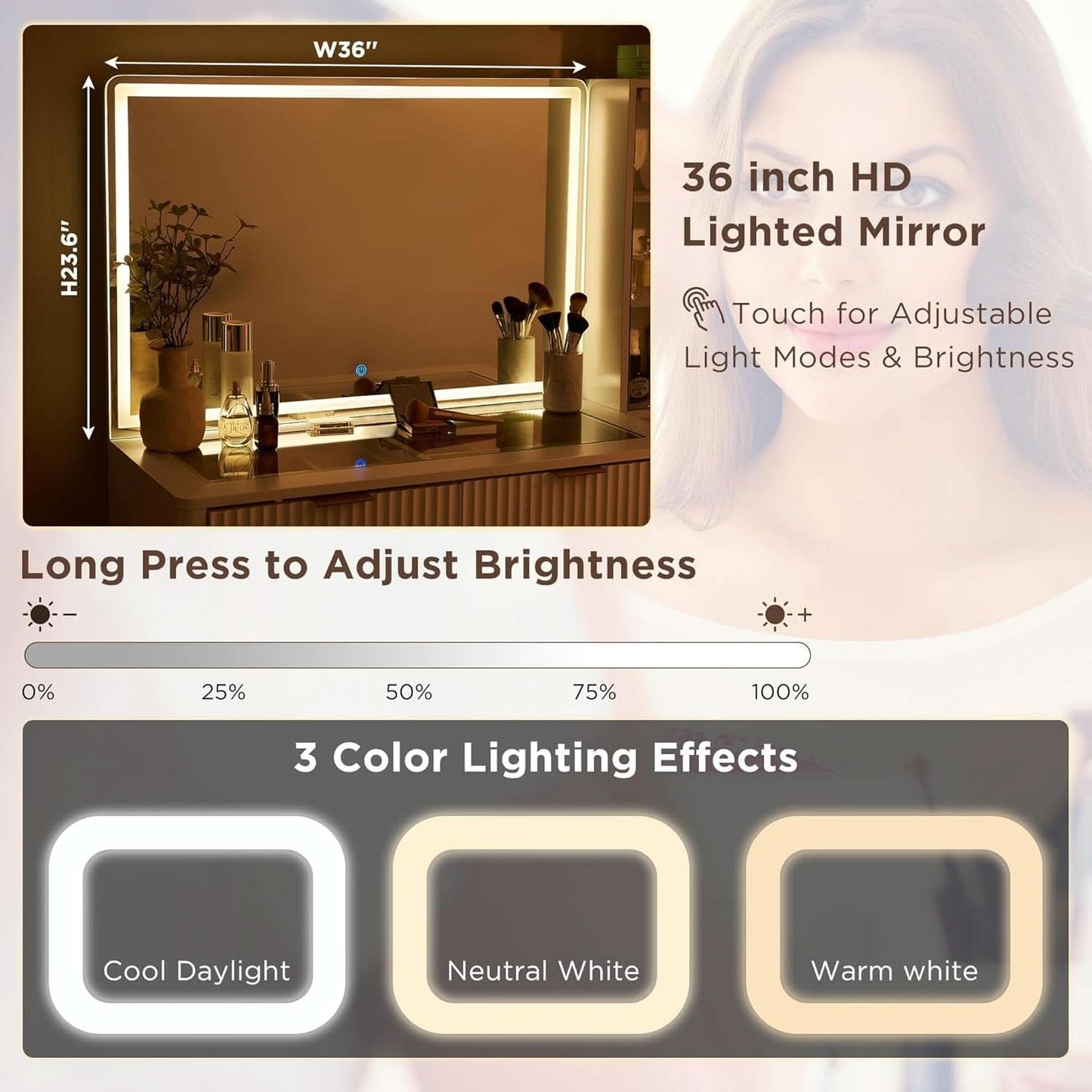 White Forty Eight nch Vanity Desk With LED Illuminated Mirror