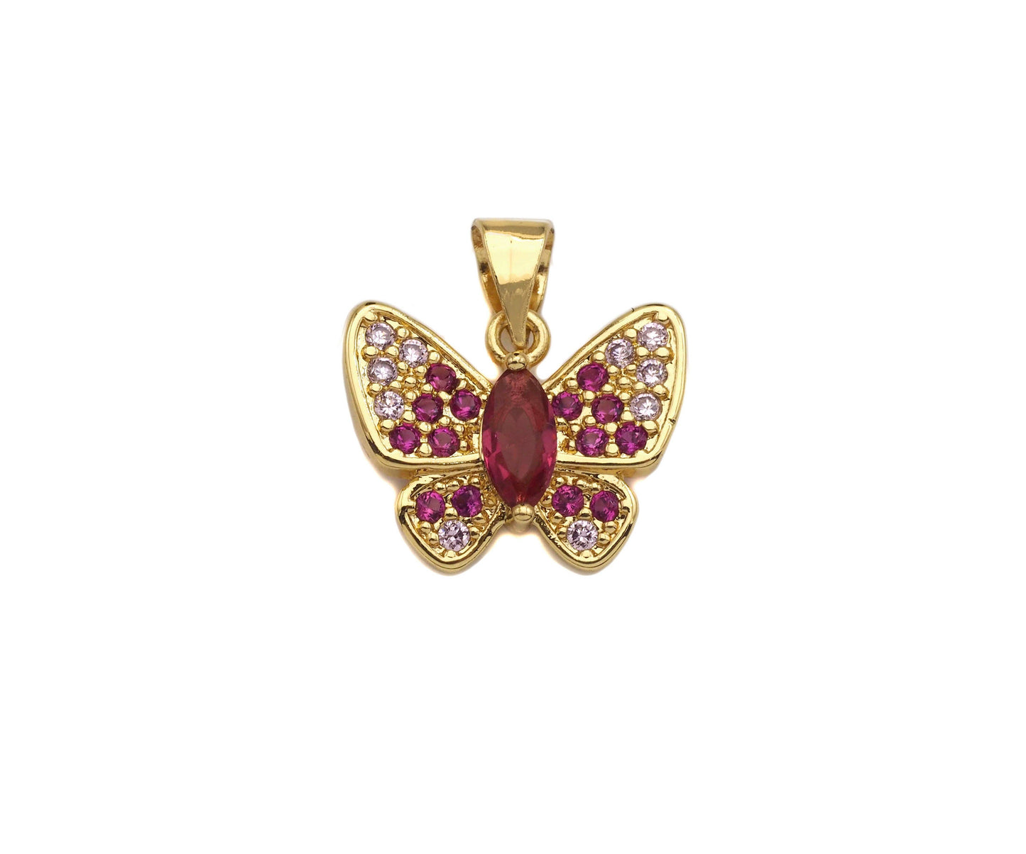 Gold Fuchsia CZ Butterfly Shape Charm, Sku#LK76