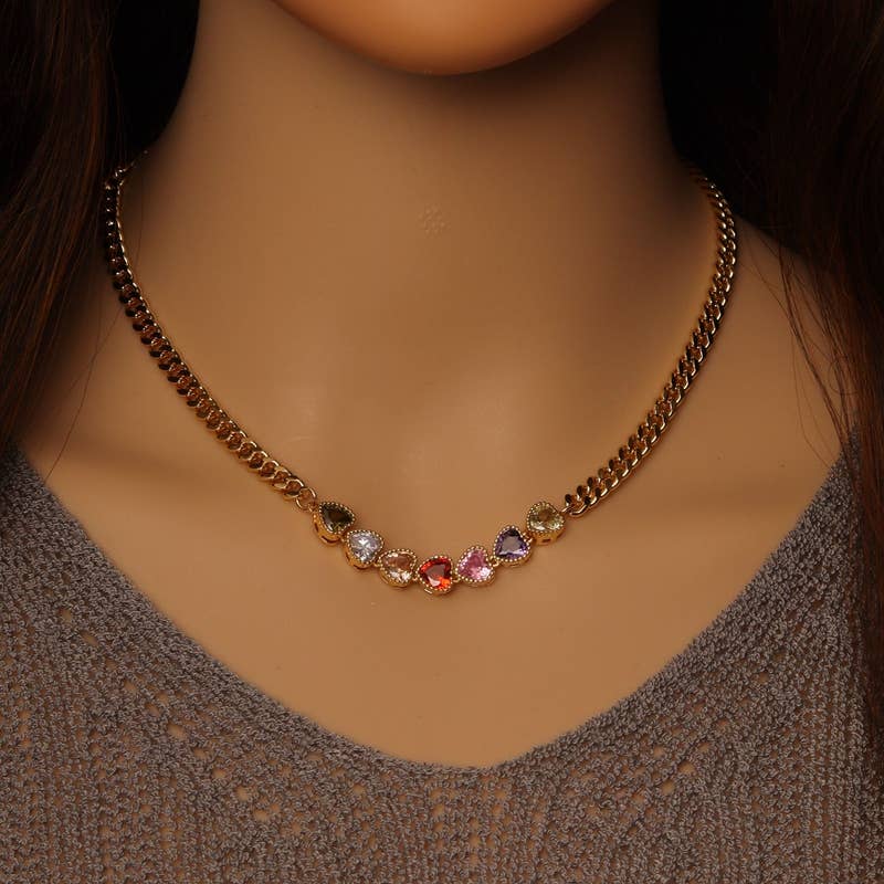 Cuban Link Chain Colorful CZ Heart Necklace, Sku#EF358