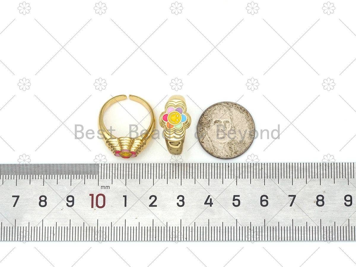Enamel Smiley Face On Round Sunflower Open Ring, Sku#X281