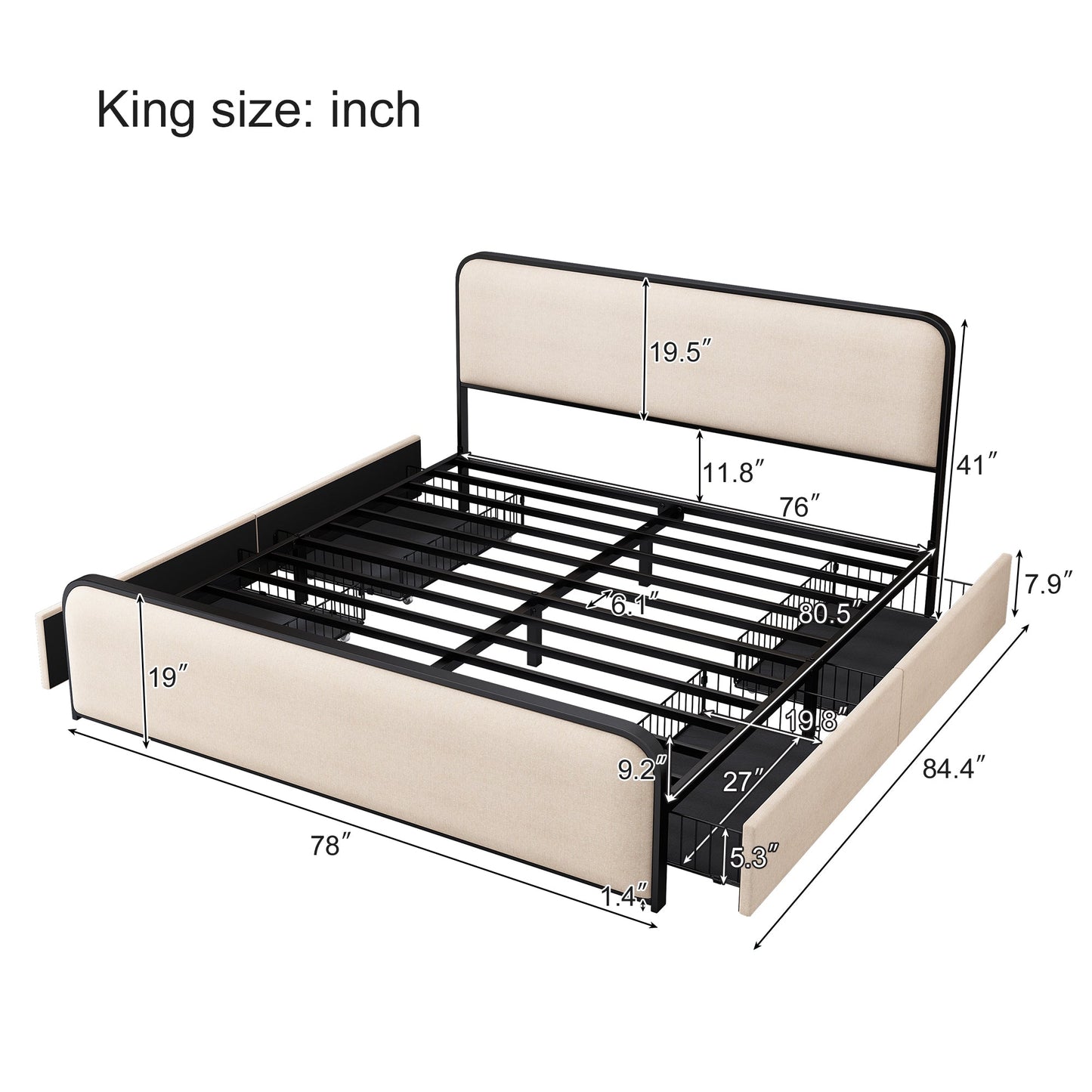 Modern Metal Bed Frame with Curved Upholstered Headboard