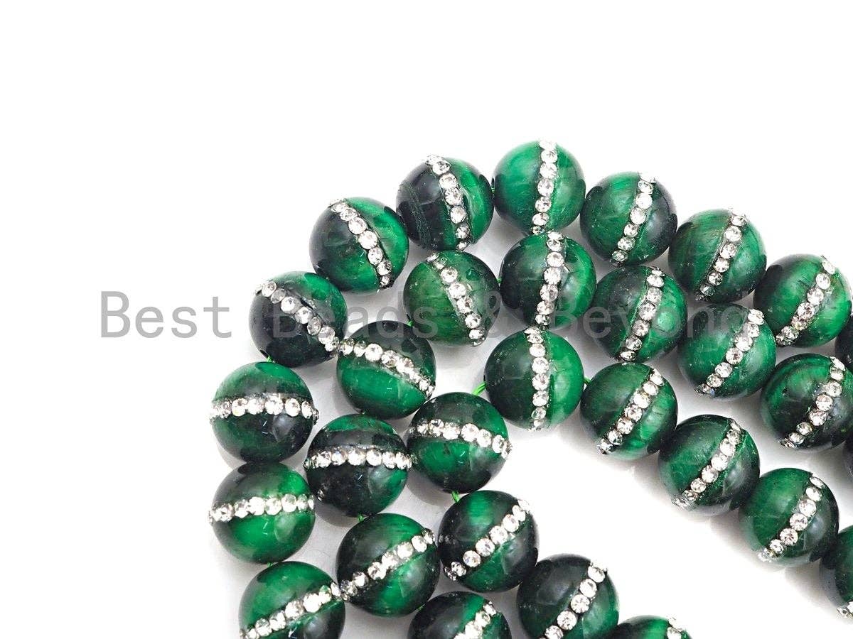 High Quality Green Tiger Eye with Rhinestone Inlaid, 6mm/8mm/10mm/12mm/14mm, Tiger eye Beads, 15.5'' Full strand, SKU#V52