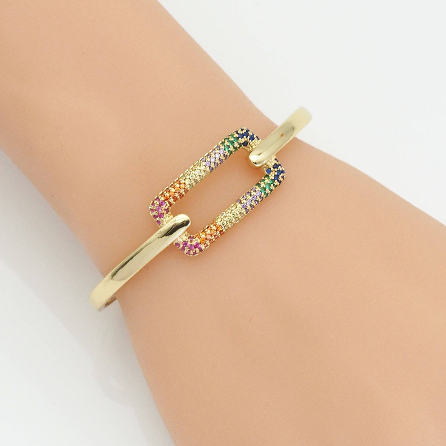 Colorful Clear CZ Rectangle Gold Adjustable Bracelet, Sku#LX254