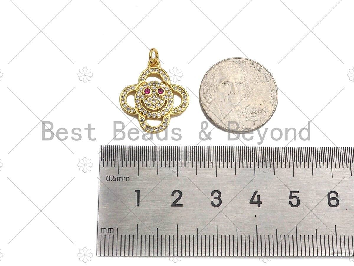 CZ Micro Pave Smiley Face with Fuchsia Eye On Clover Shape Pendant, 18K Gold Charm, Necklace Bracelet Charm Pendant,18x21mm,Sku#LK306