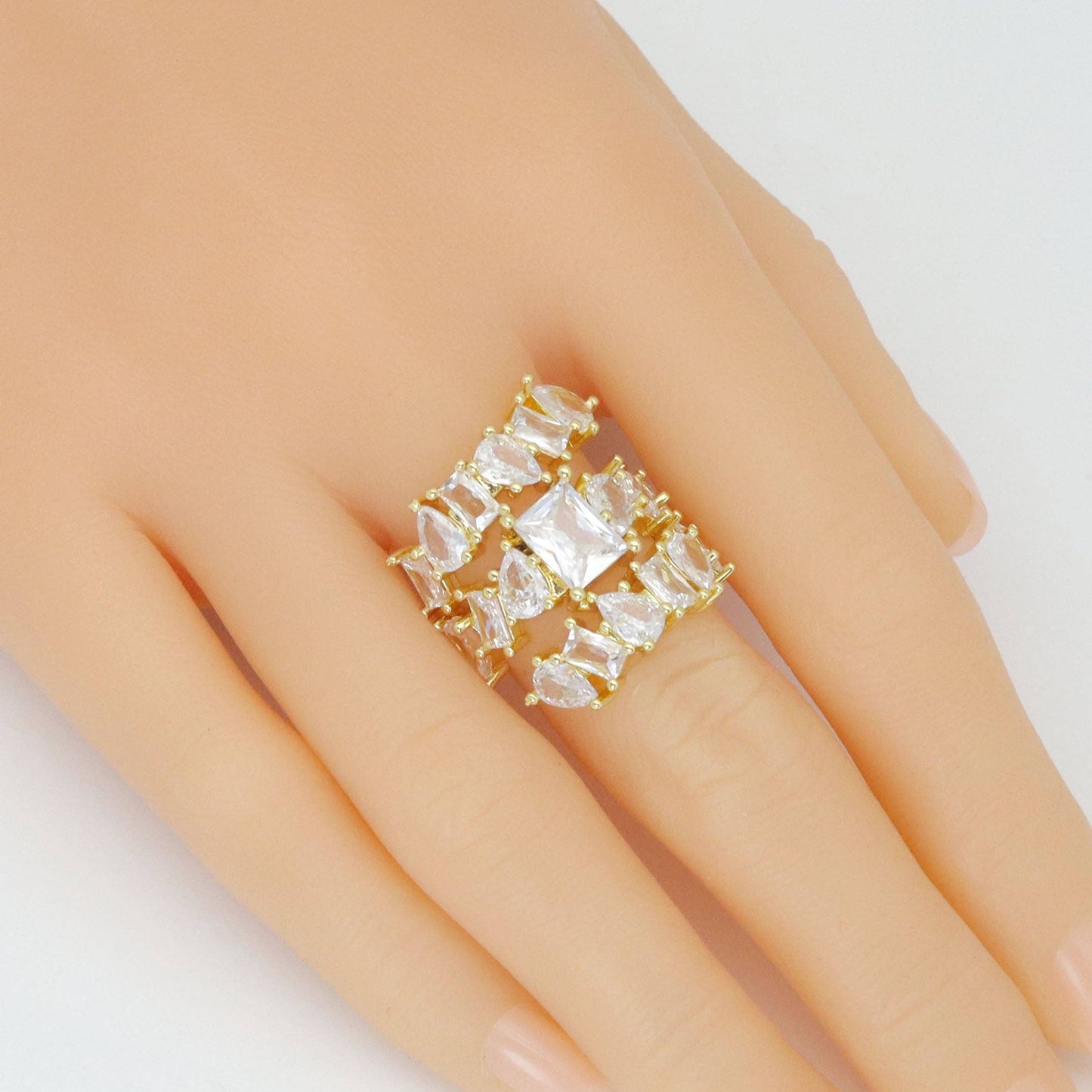 Gold Clear Drop Rectangle CZ Triple line statement Adjustable Ring, Sku#LK1004