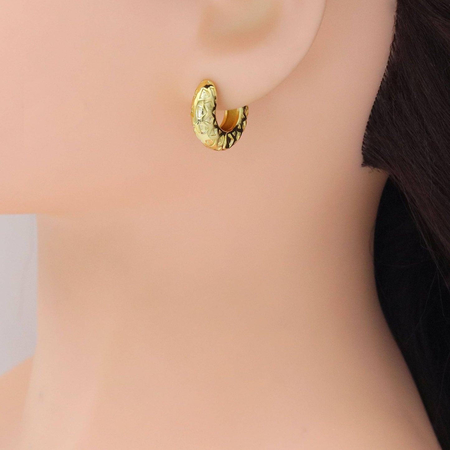 Gold Silver Rhombus diamond patten Chunky Huggie Earrings, Sku#A241