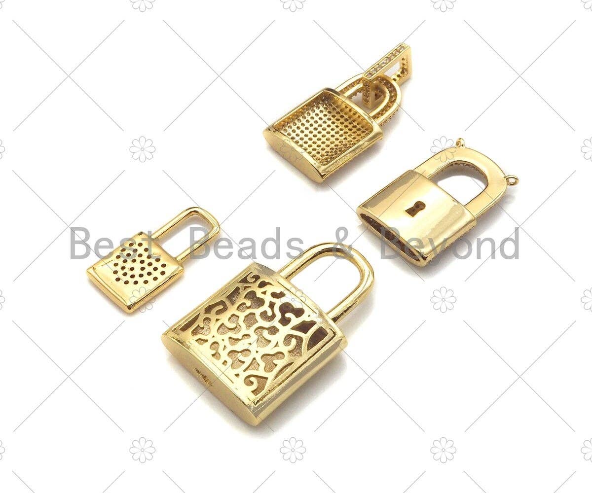 CZ Micro Pave Lock Shape Pendant,Cubic Zirconia Gold Charm,Necklace Bracelet Charm Pendant,12x24mm/16x25mm/26x32mm/23x38mmmm,Sku#LK288