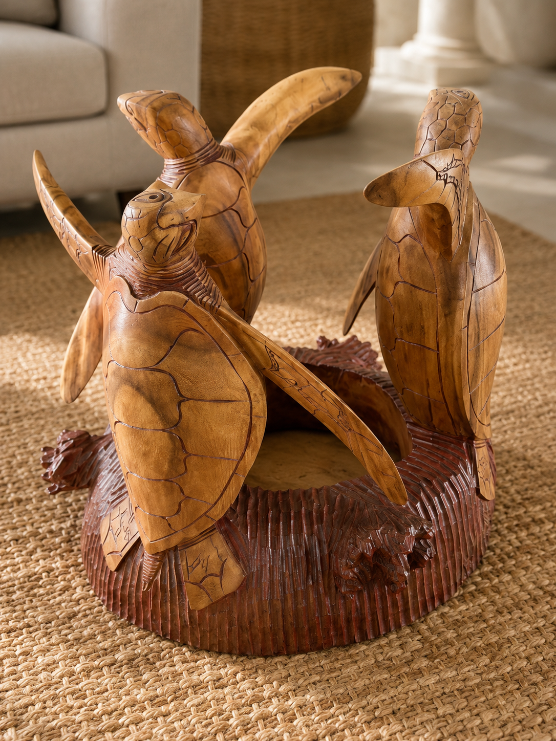 Hand-Carved Suar Wood Sea Turtle Coffee Table Base – 20”H x 20” Round