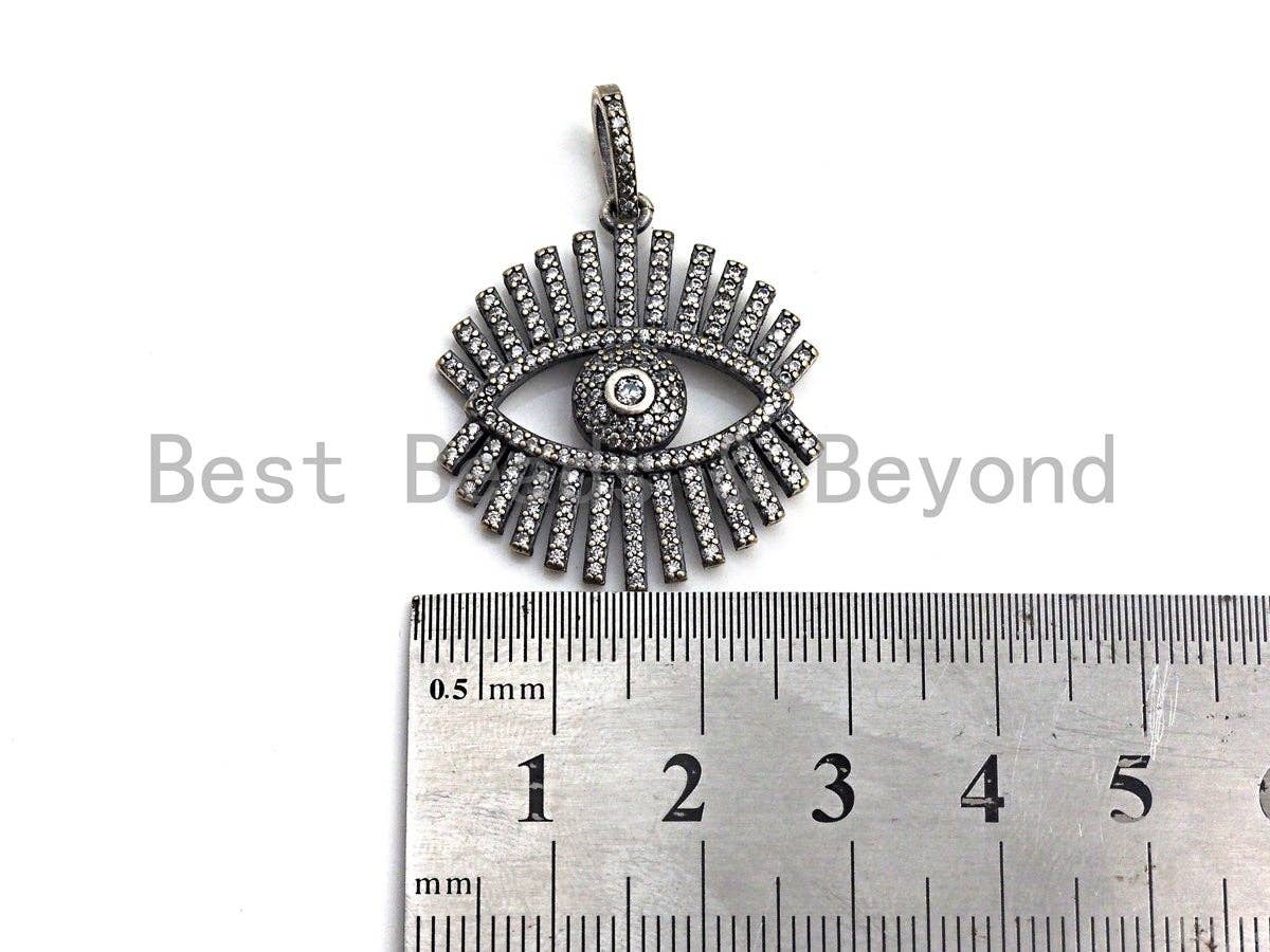 CZ Micro Pave Sparkly Eyelash Shape Pendant, Antique Silver Tone, Cubic Zirconia Pave Pendant, 27x30mm,sku#X131