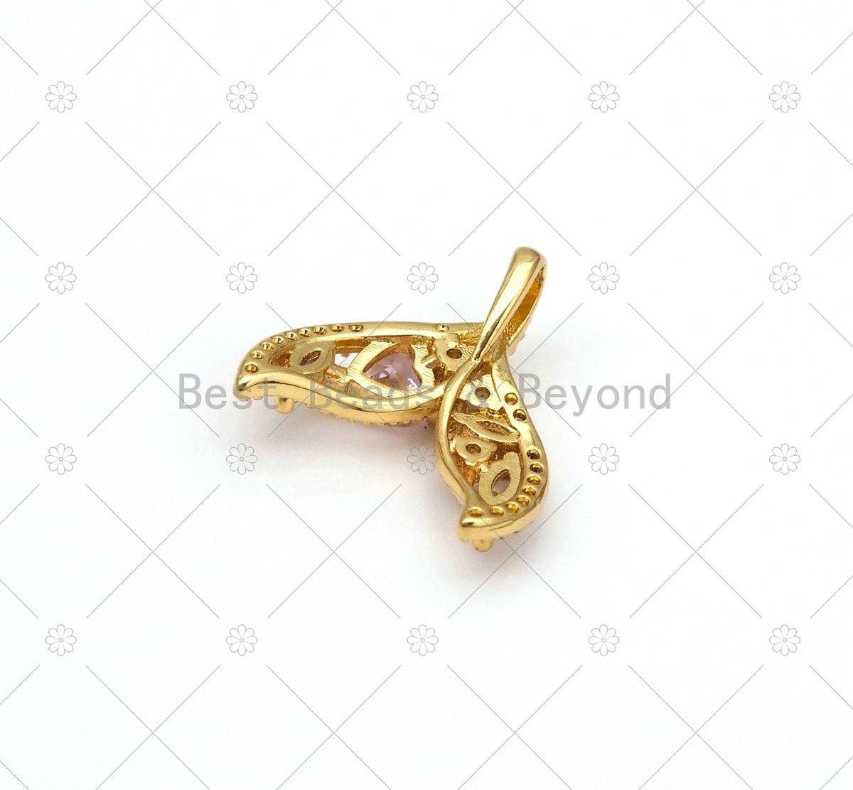 Pink CZ Micro Pave Shark Tail Shape Pendant,18K Gold Filled Shark Tail Charm, Necklace Bracelet Charm Pendant, 19x19mm, Sku#LK471