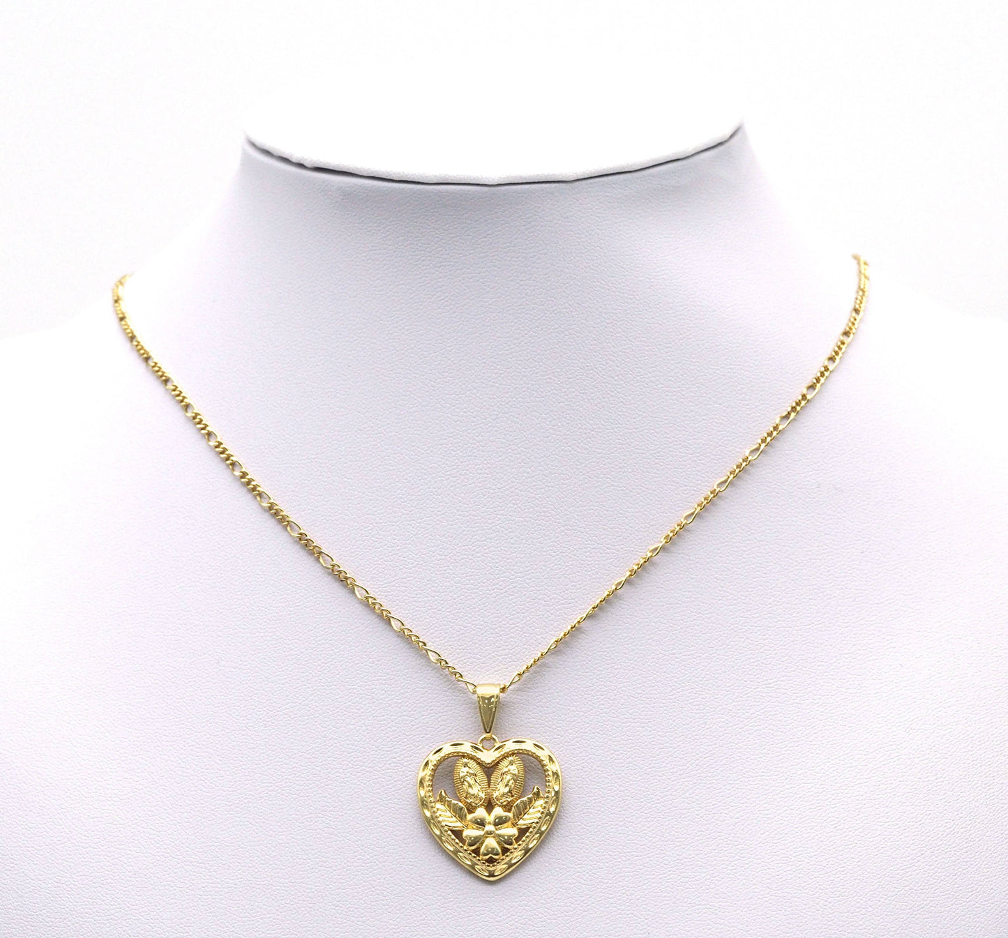Gold CZ Virgin Mary Baby Jesus Flower Heart Charm, Sku#LK708