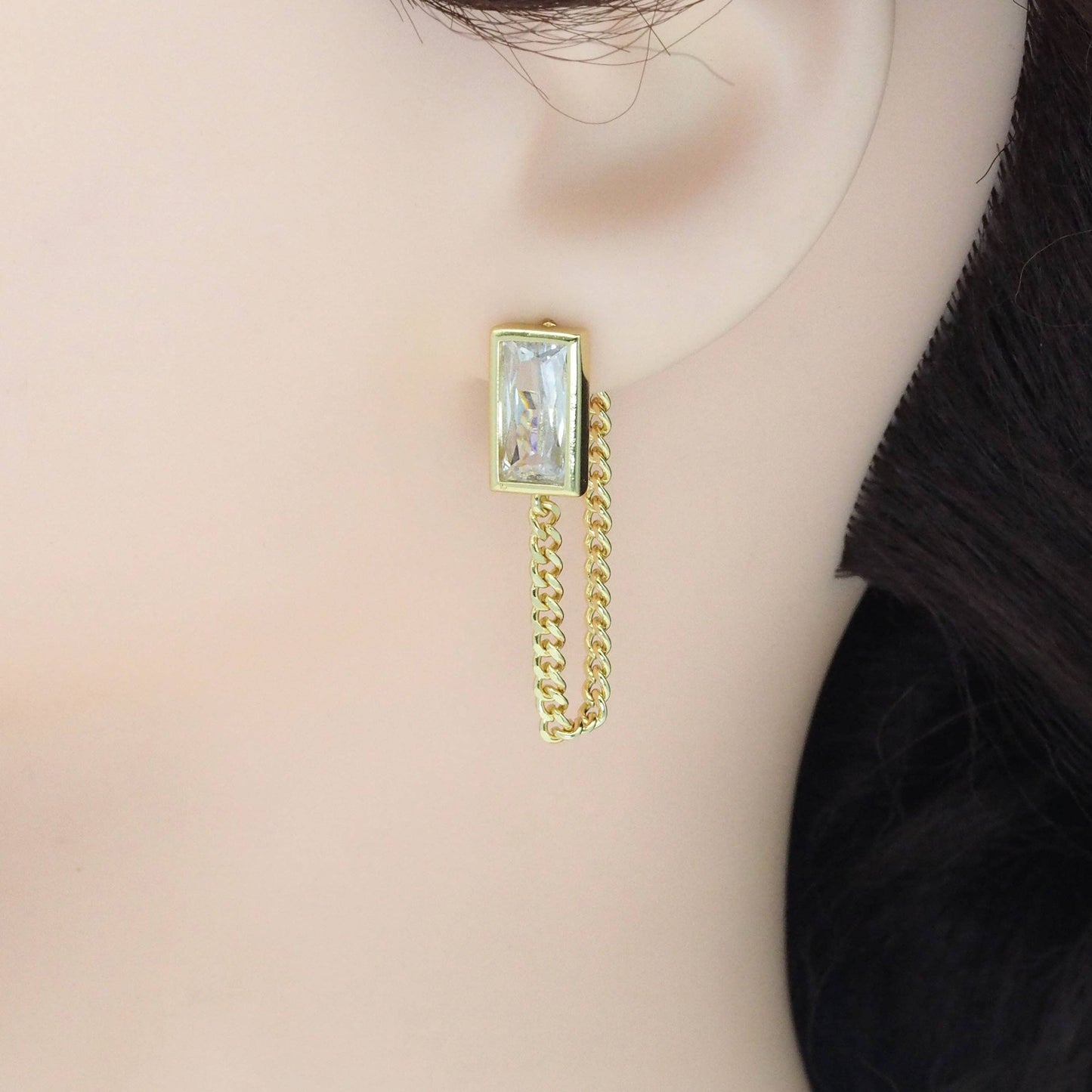 Gold Silver Rectangle CZ With Chain Link Dangle Earrings, Sku#LX374