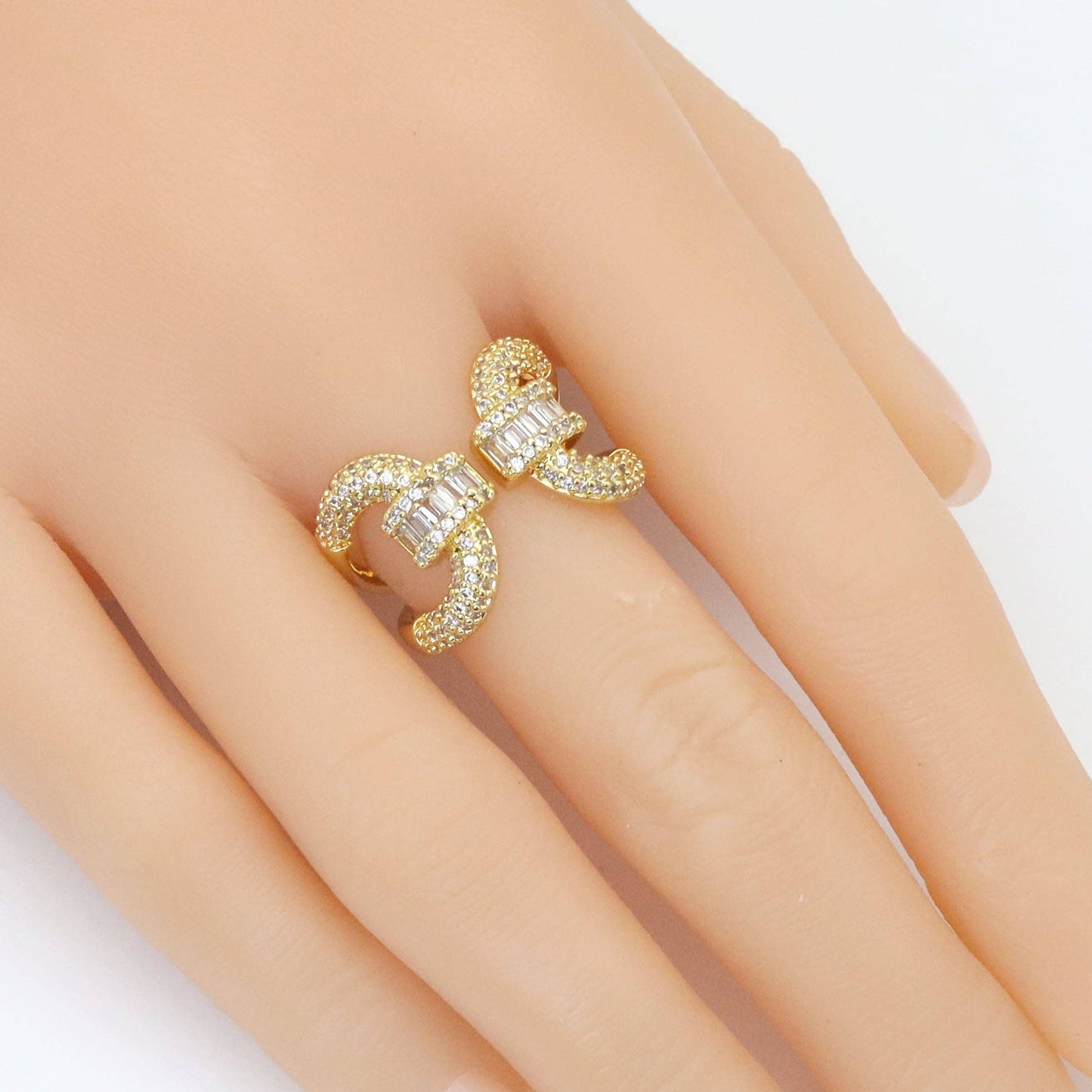 Baguette CZ Double Loop Statement Adjustable Ring, Sku#LX592