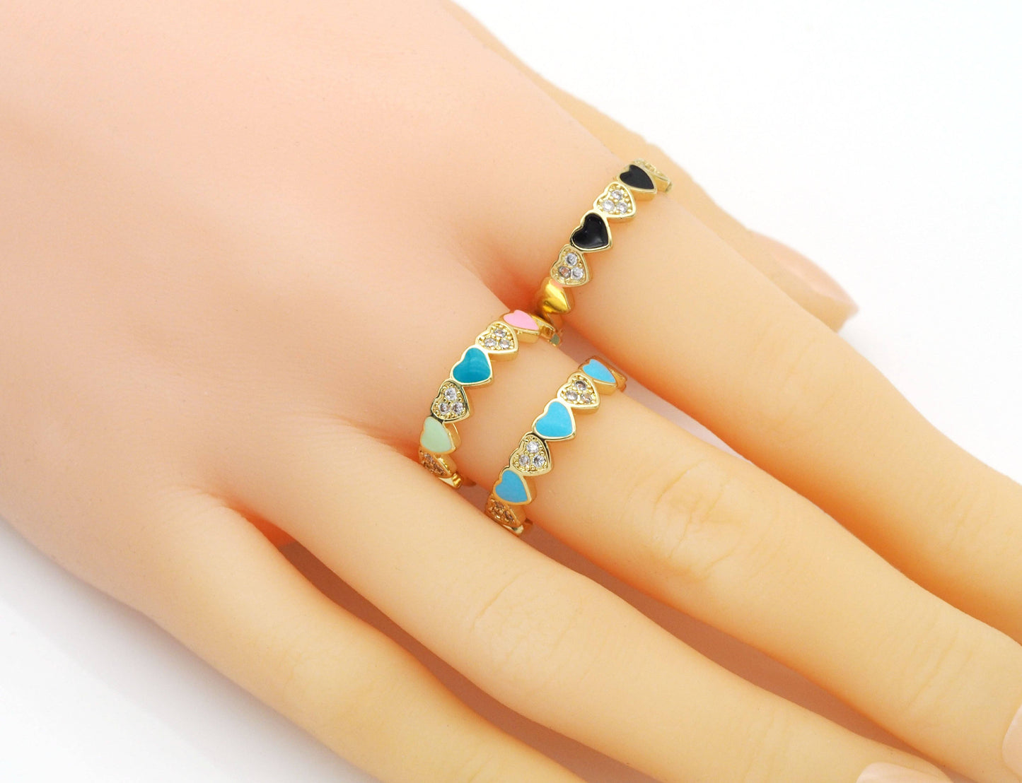 Gold CZ Colorful Enamel Heart Stackable Ring, Sku#X357