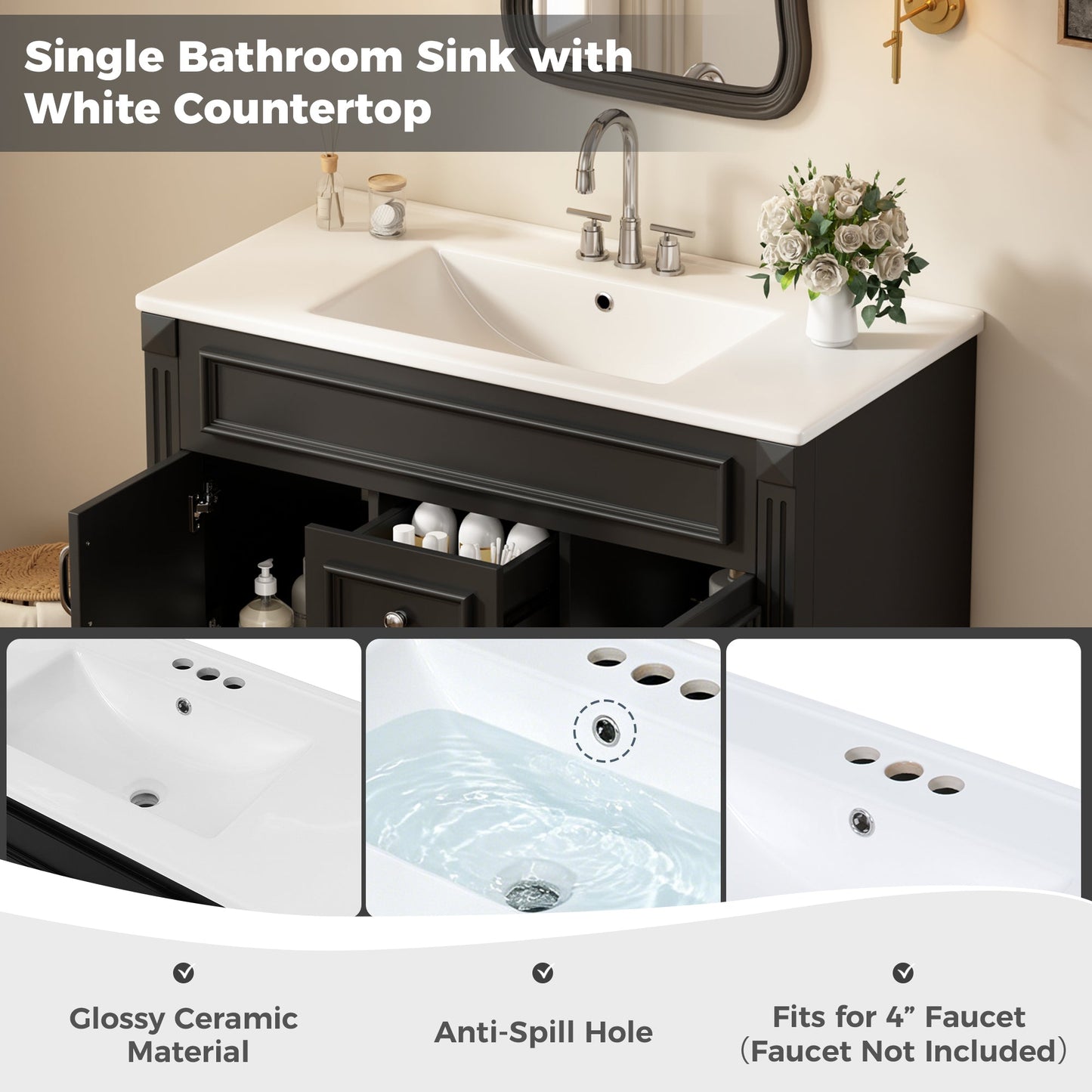 36 Inch Wall Mounted Bathroom Cabinet with Ceramic Sink
