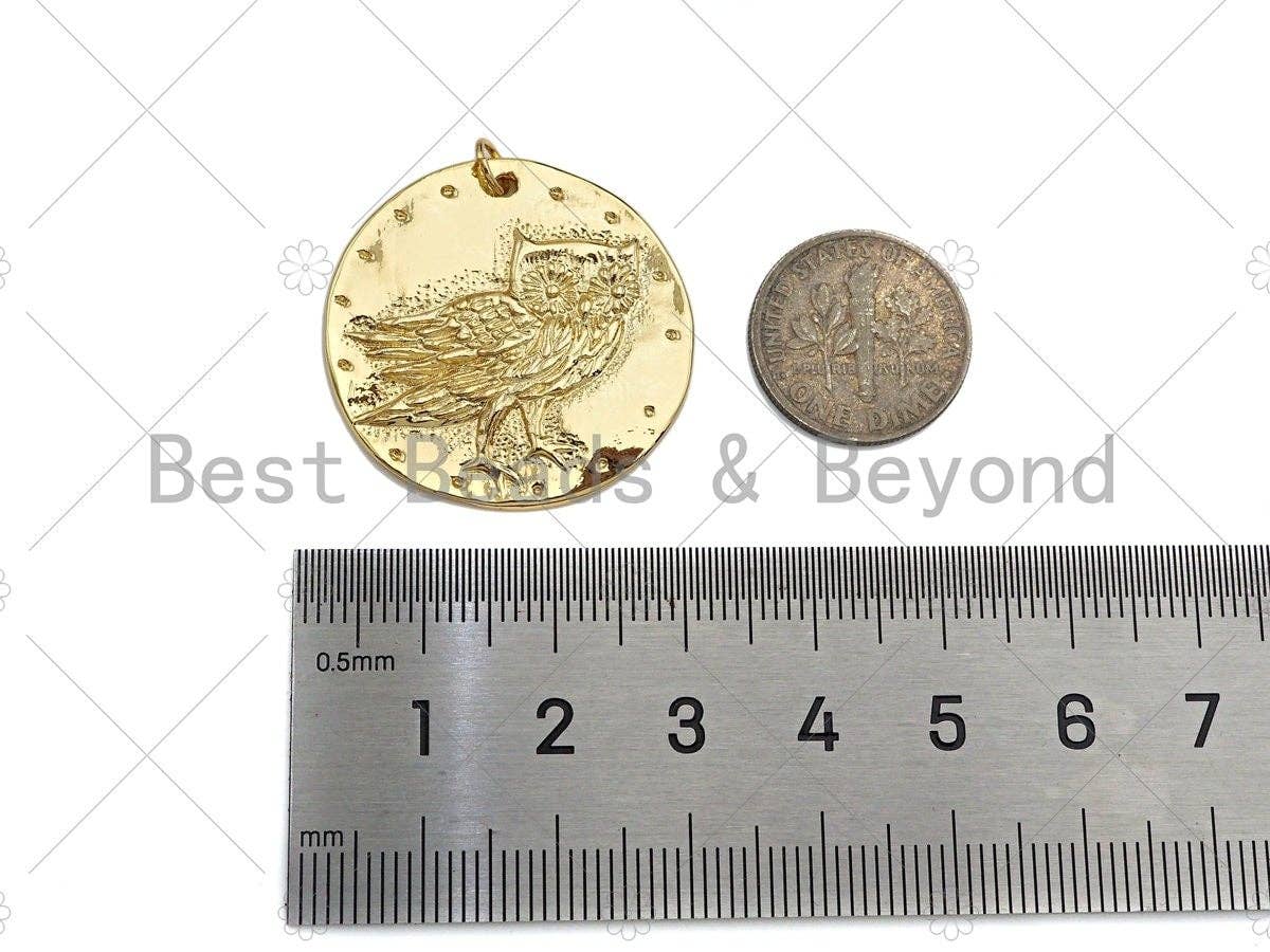 18k Dainty Gold Bird On Round Coin Shape Charms, Dainty Charms, Gold Pendant, Round Coin Necklace Charms, 29x19mm, Sku#LK185