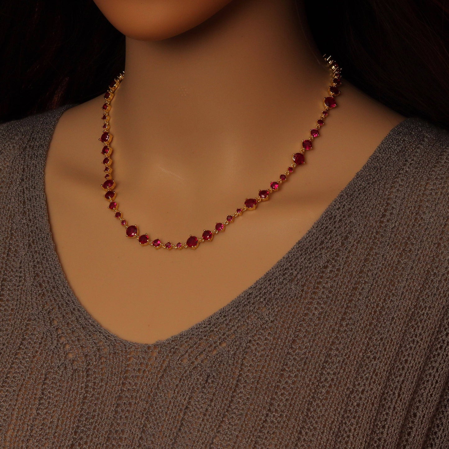 Gold Fichsia Pink Dot CZ Link Chain Necklace, Sku#A351