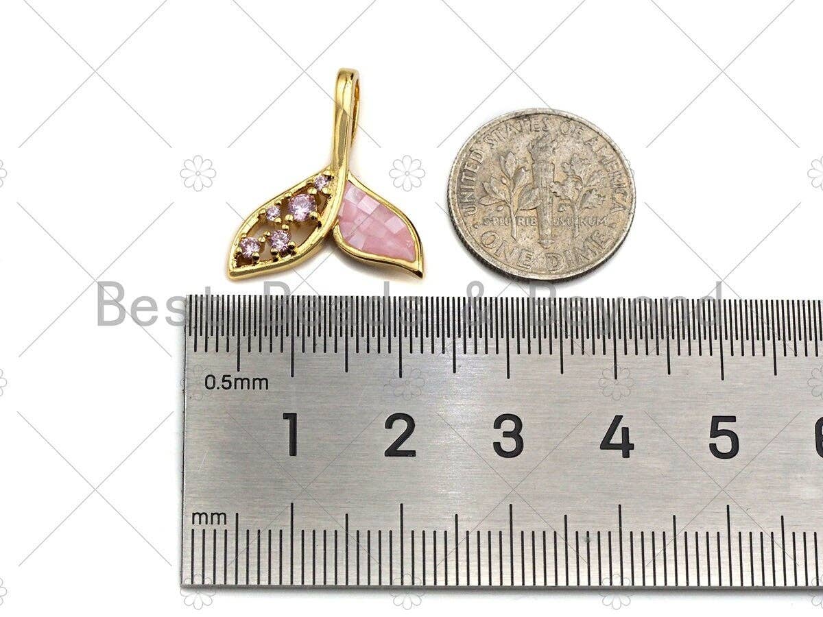 Cute Shark Tale Pink Pendant/Charm, Pink Mother-of-pearl Pendant, Cubic Zirconia Pendant, Gold Tone, 18x21mm, Sku#LK69