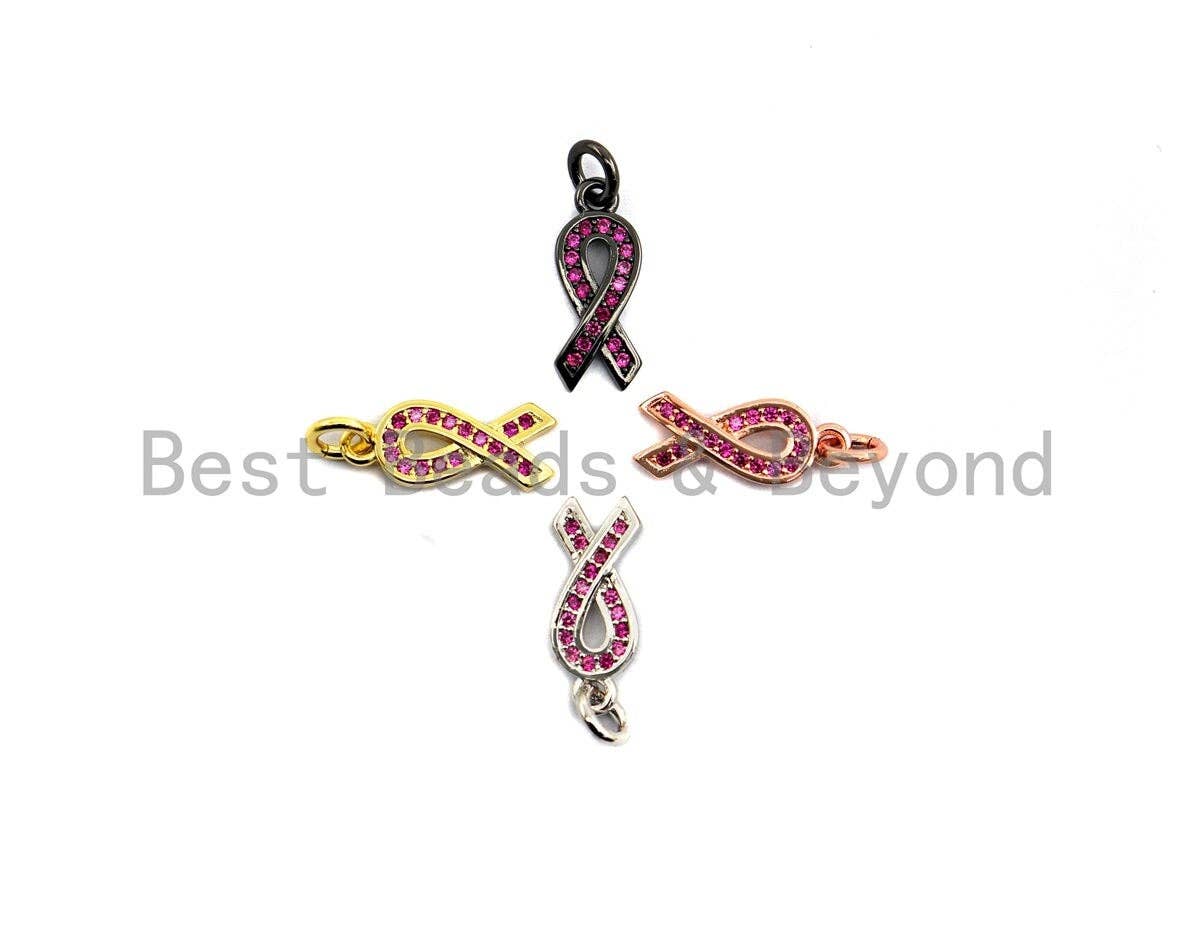 Fuchsia CZ Micro Pave Breast Cancer Awareness Ribbon Pendant/Charm, Bracelet Necklace Cubic Zirconia AIDS Care Charm, 6x16mm,sku#X111