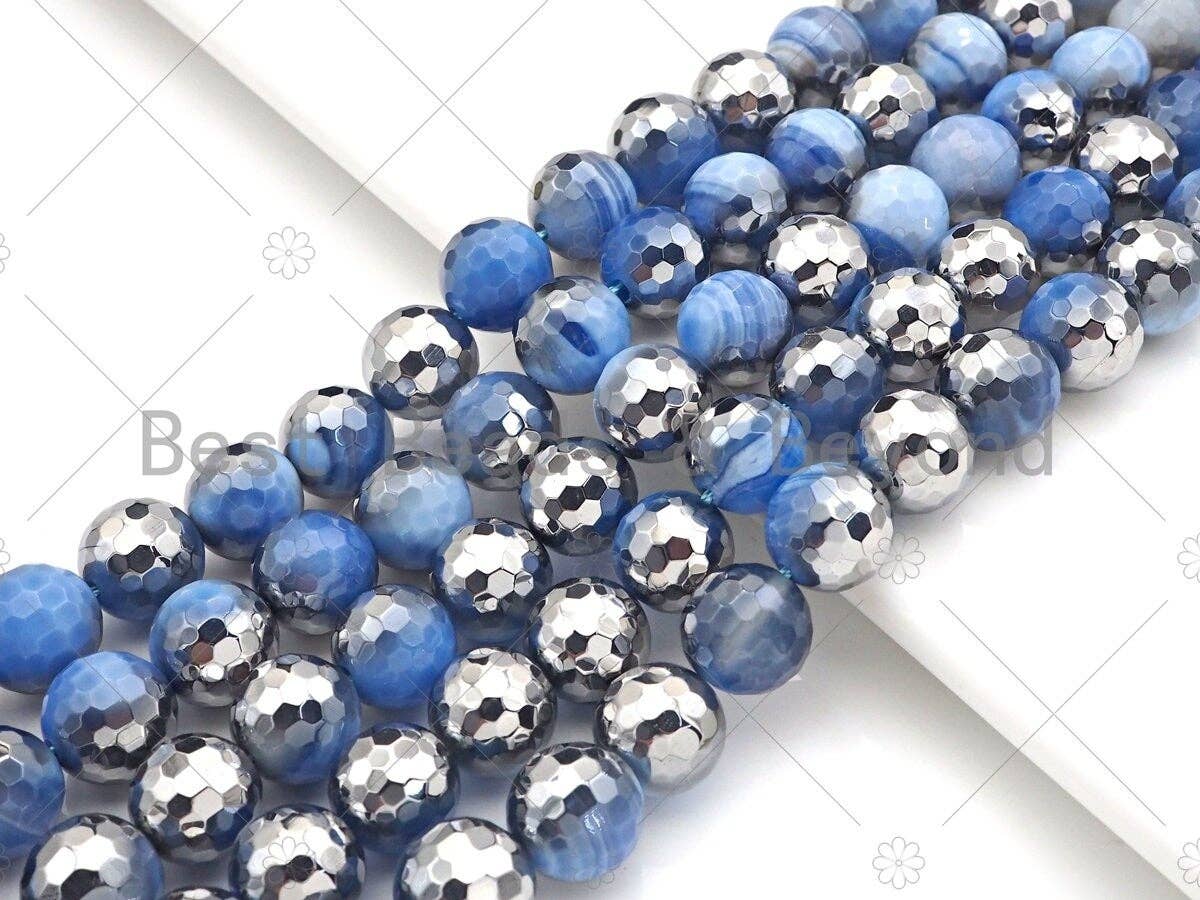 Natural Half Silver Plated Light Blue Agate Beads, 8mm/10mm/12mm Round Faceted Agate Beads, 15.5 Full Strand, sku# UA123
