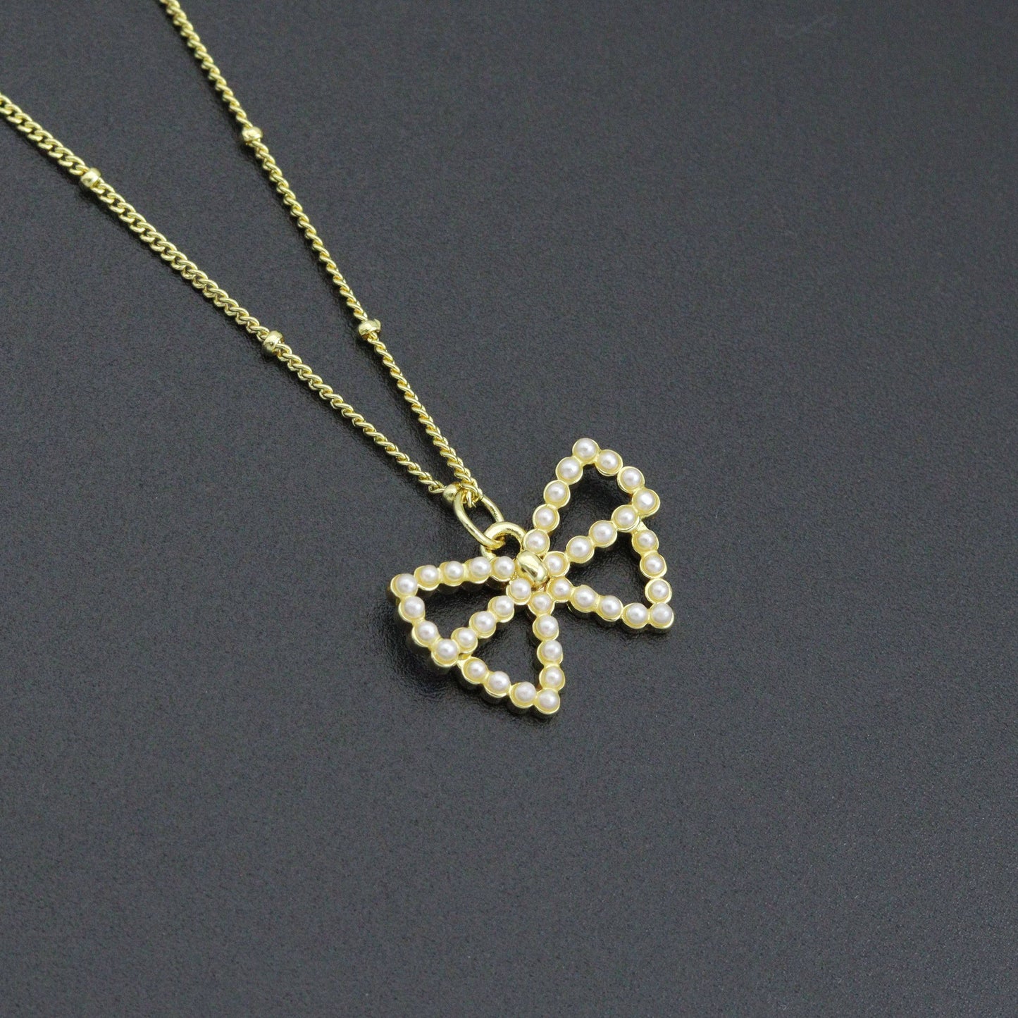 White Pearl Bow Pendant Adjustable Necklace, sku#EF716