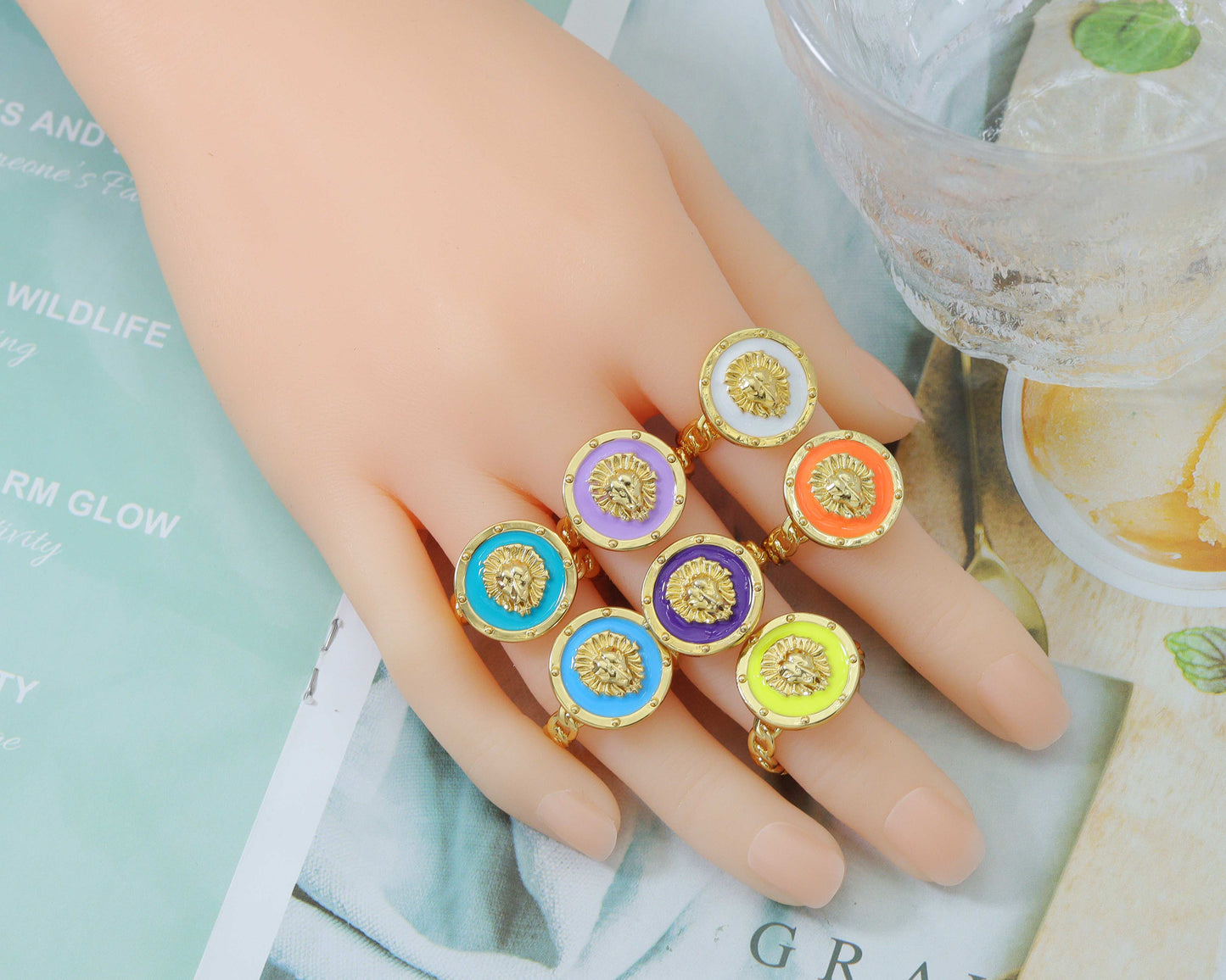 Enamel Lion Head Adjustable Ring, Sku#X297