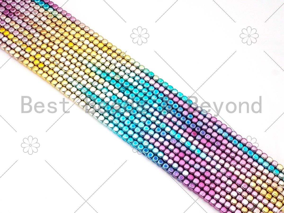 NEW!!! Rainbow Natural Hematite Smooth Cube Beads, Gold Green Purple Blue Pink Matrix 4mm Hematite, 15.5'' Full Strand, SKU#S139