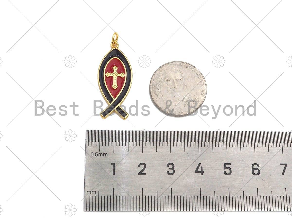 18K Gold Cross On Red/Black Enamel Fish Shape Pendant,Enamel Charm,Enamel Jewelry,13x31mm,Sku#LK303